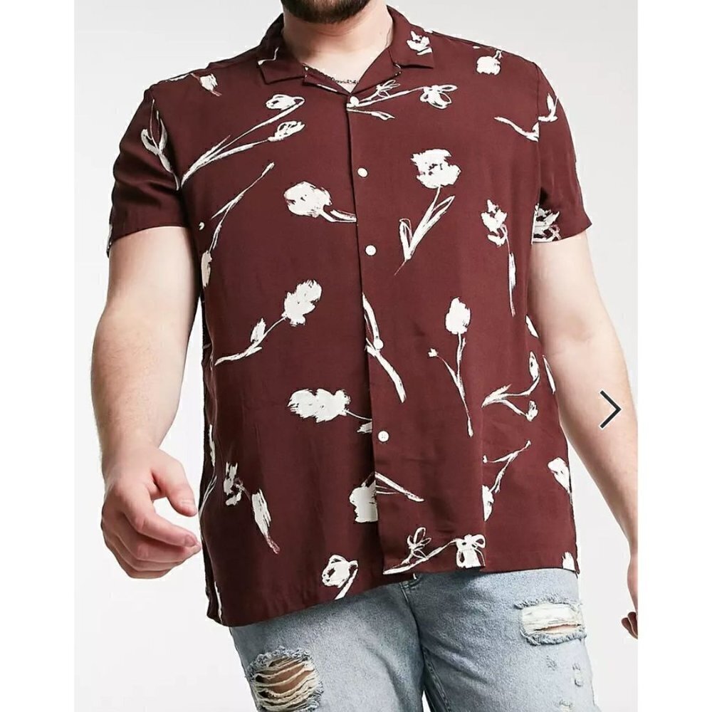 ASOS‎ Design Revere Shirt Burgundy & White Scribble Floral Short Sleeve 6XL
